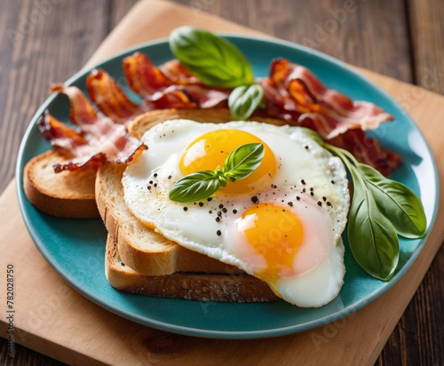 A delicious breakfast meal served on a white plate, featuring a sunny side up egg on toast, crispy bacon, and fresh basil leaves. 
