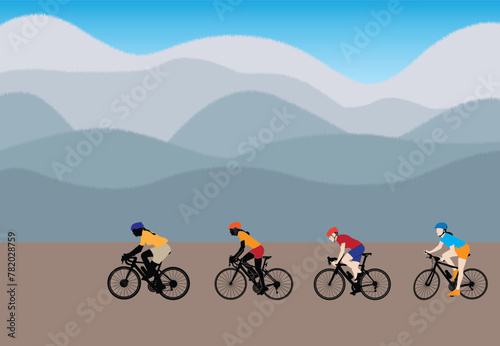 Cycling for health in nature with friends Black silhouette vector Healthy lifestyle concept vector illustration riding a bicycle