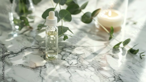 Close-up of a marble countertop with a clear glass bottle of essential oil, a white votive candle, and a single eucalyptus leaf photo