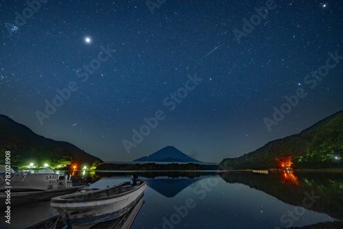 精進湖湖畔から見る富士山と流れ星
