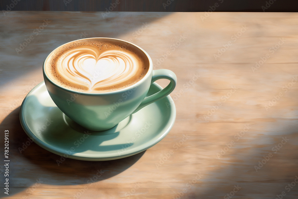 Cup on a saucer with cappuccino with a heart design on the table Cup on a saucer with cappuccino with a heart design on the table