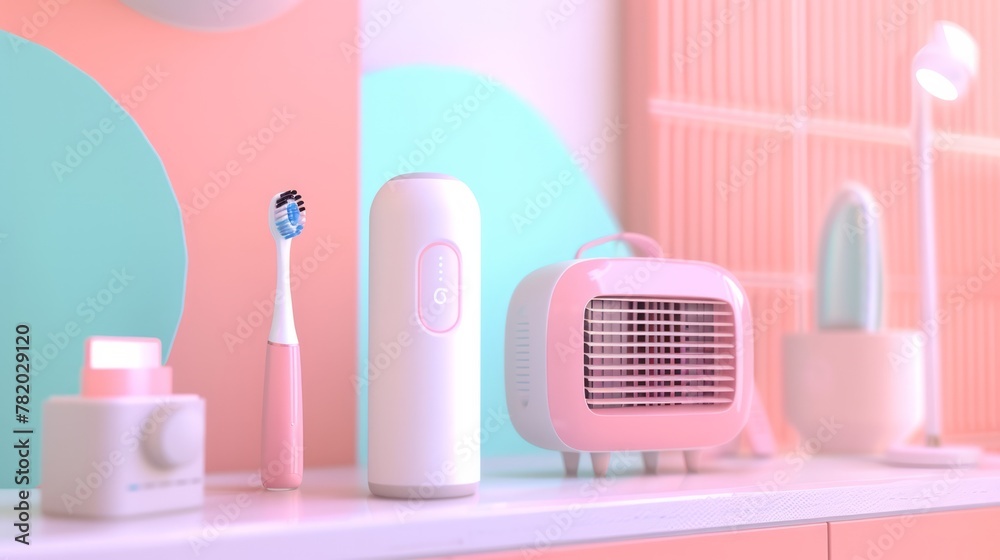 3D showcase featuring a cute portable AC, electric toothbrush, and smart speaker 3D showcase featuring a cute portable AC, electric toothbrush, and smart speaker