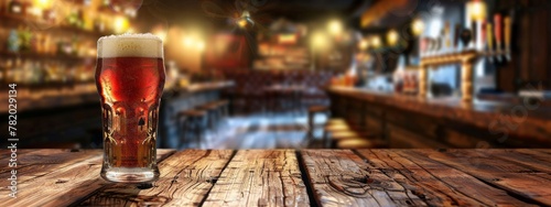 Glass of beer on wood table in pub. Blur backround. Copy space. Banner. 
