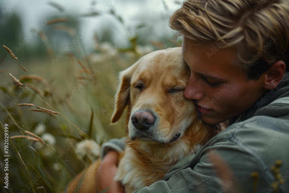 Man hugs his dog. Close-up portrait. Concept of love to pet or adoption. Man hugs his dog. Close-up portrait. Concept of love to pet or adoption.