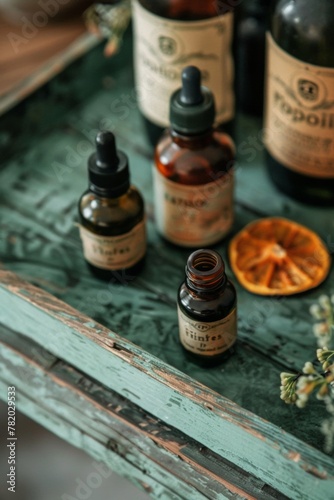 Close-up of a weathered wooden tray with peeling paint, holding a collection of essential oil bottles with vintage labels