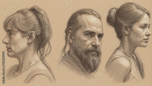 black and white pencil drawing of man with beard in center and two women of different ages on sides