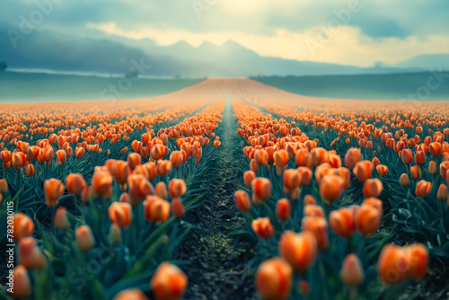 Field of orange tulips with foggy background. #782030115