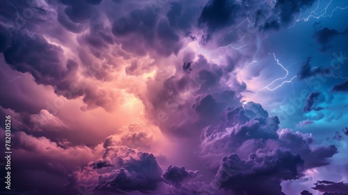 Dramatic thunderstorm, lightning strikes illuminate vibrant purple clouds