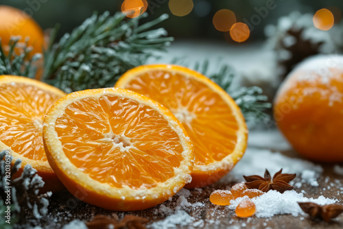 Oranges and pine cones on snowy surface.