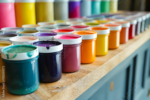 Row of colorful paints on wooden table. photo