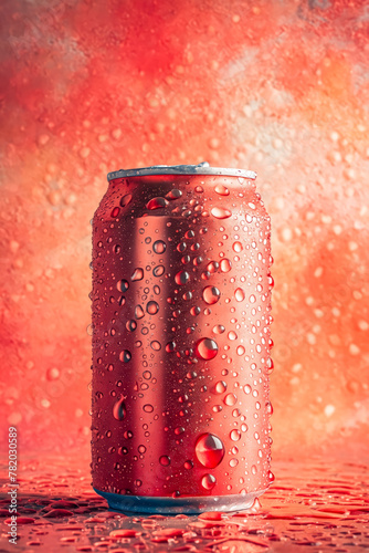 Red can of soda with water droplets on it.