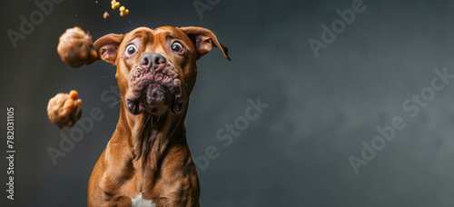 dog is eating a bunch of food and has a surprised look on its face. dog is surrounded by food, with some of it falling out of its mouth. ultra-humorous and dynamic photo of a dog trying to catch food photo