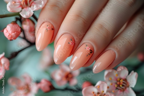 A delicate hand showcasing a manicure with pink gel polish complemented by a cherry blossom in the background