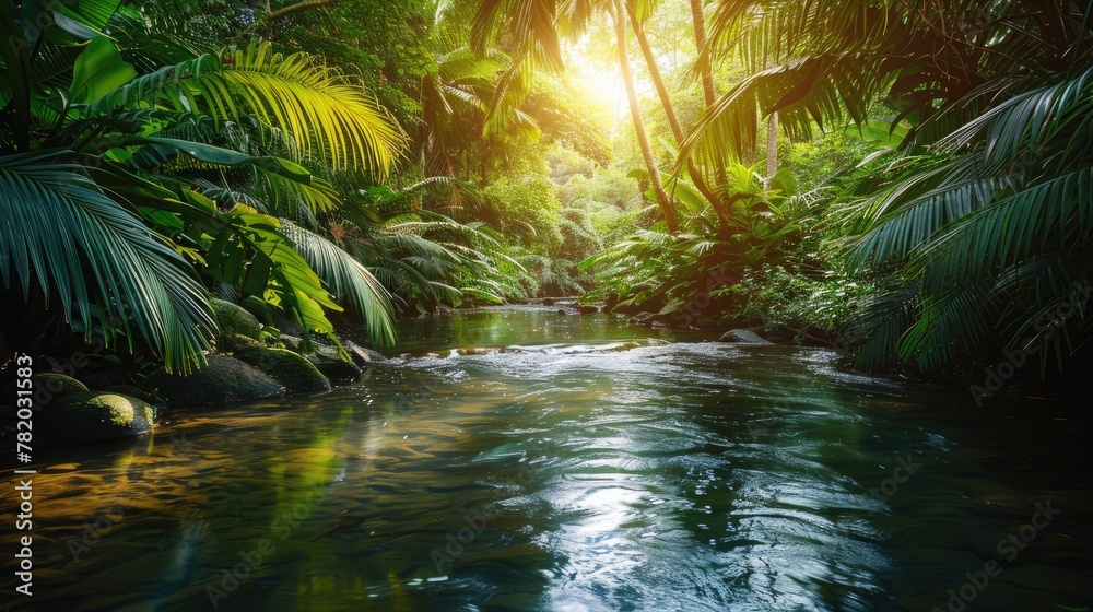 Serene tropical forest river landscape