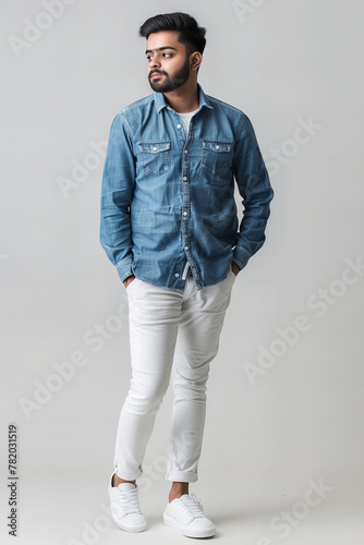 Stylish Denim Shirt and White Jeans Fashion Look Banner