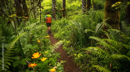 Runner navigates a trail covered in lush ferns and wildflowers, vibrant colors contrasting with the earthy path