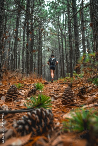 Runner navigating a trail strewn with pinecones and fallen needles in a dense pine forest