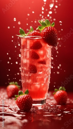 A vibrant red strawberry cocktail mid-splash with fresh strawberries adorn the drink and scattered around on a vivid red background