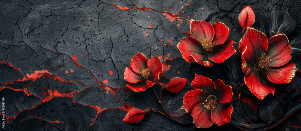 Vivid red flowers bloom against a dark, cracked background, subtly illuminated, symbolizing rebirth amidst decay. - obrazy, fototapety, plakaty 