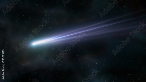 Long shining comet tail in space. The comet approached the sun. Evaporation of matter from a celestial body.