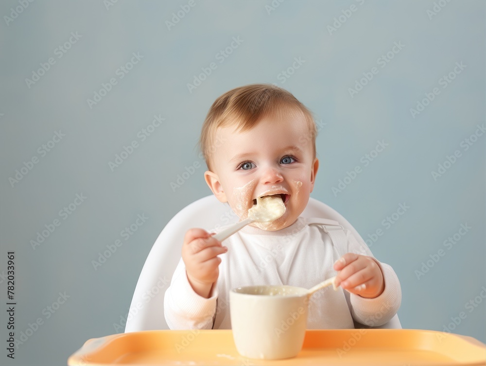 A baby smiling at the table, grabbing food with a spoon from a bowl A baby smiling at the table, grabbing food with a spoon from a bowl