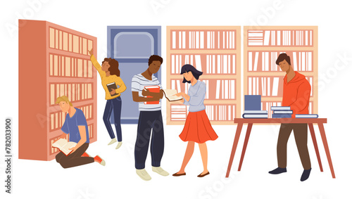 Students and adults reading books in library shop