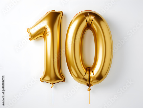 Number 10 golden balloon isolated on white