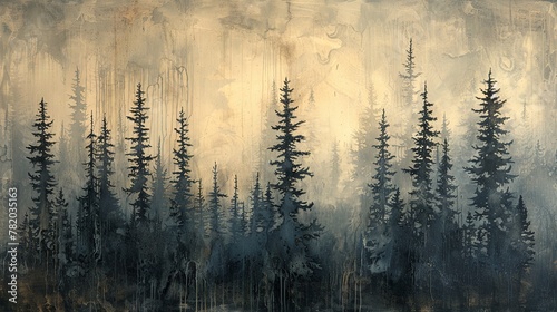 Subdued color palette adds a touch of elegance to this abstract depiction of a pine forest.