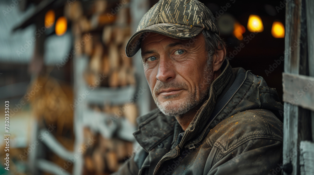 Mature farmer posing in a cowshed.