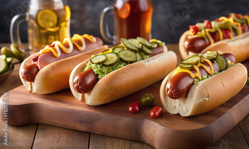 A hot dogs generously topped with yellow mustard, red ketchup, sliced pickles, and chopped red onions, placed on a rustic wooden cutting board.