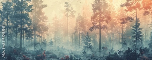 Abstract background featuring a mesmerizing pine forest scene in subdued, muted tones.