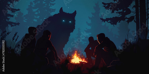 Young school boys telling scary campfire stories with a werewolf watching from the dark woods. Summer camp scary dogman wolf story.