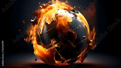 Collapsing Earth Globe Enveloped in Fiery Chaos A Conceptual of Global Warming Driven by Industrial and Financial Excesses