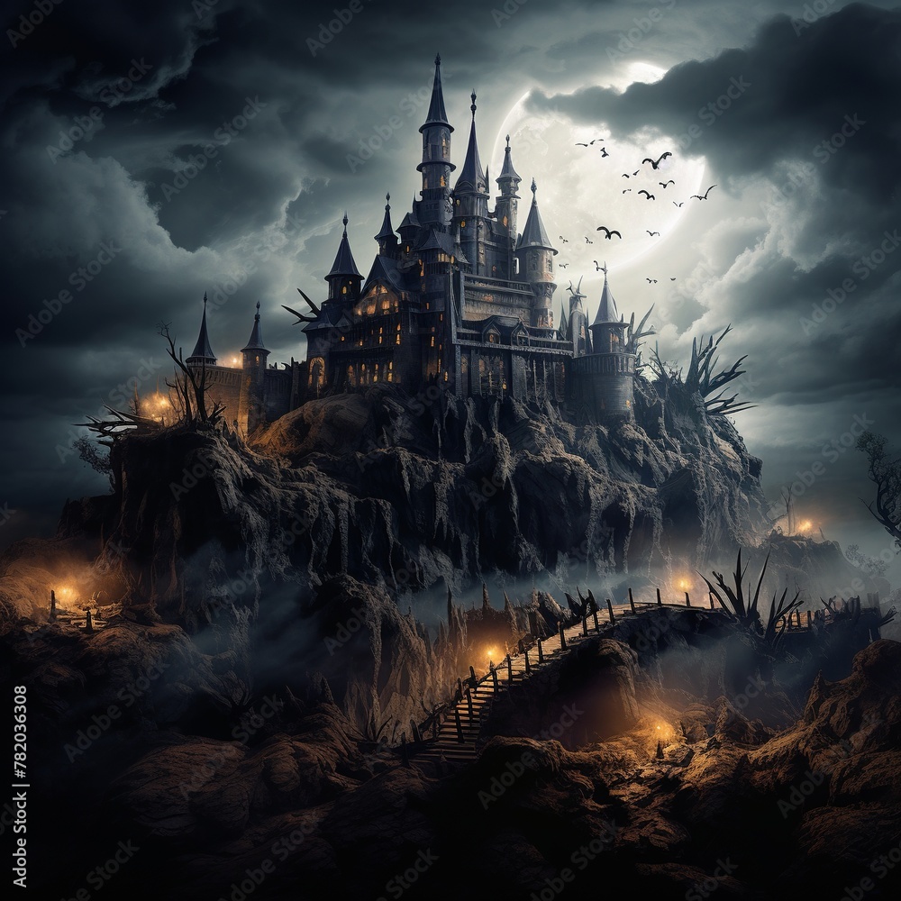 illustration of halloween castle on a hill stormy night weird and, Generative ai