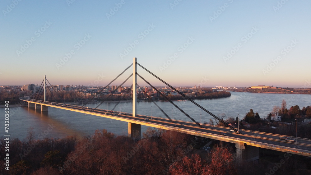 The bridge on the Danube river photographed from a drone. The bridge on the Danube river photographed from a drone.