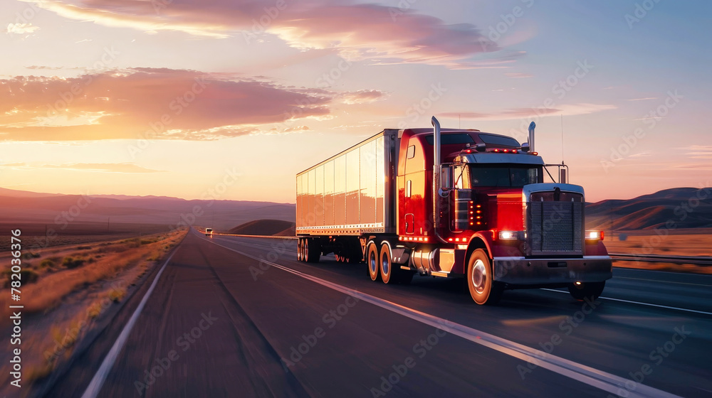 A cargo semi truck moves down a desert road under the bright sun, surrounded by sand and sparse vegetation A cargo semi truck moves down a desert road under the bright sun, surrounded by sand and sparse vegetation