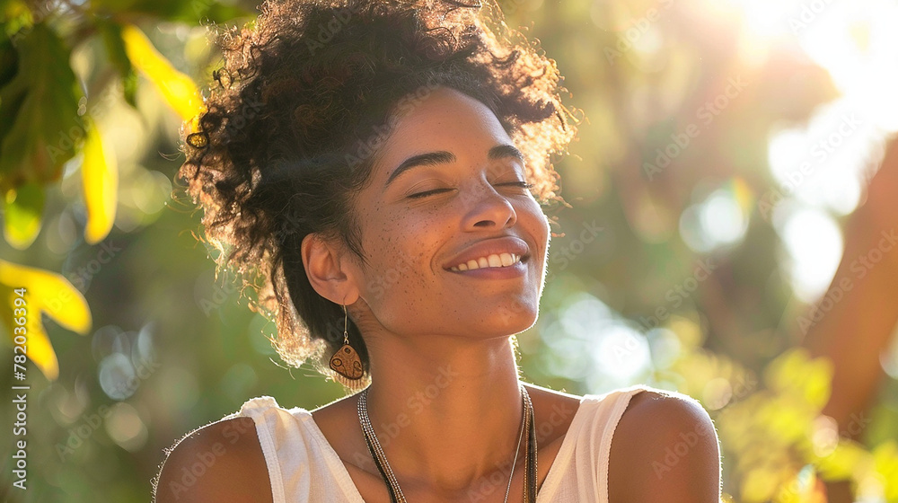A smiling woman practicing gratitude or positive affirmations while sitting in a sunny outdoors. Generative AI. A smiling woman practicing gratitude or positive affirmations while sitting in a sunny outdoors. Generative AI.