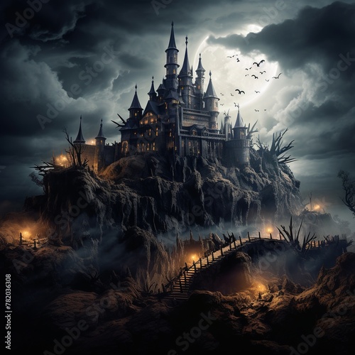 illustration of halloween castle on a hill stormy night weird and, Generative ai