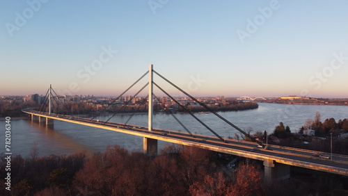 The bridge on the Danube river photographed from a drone.