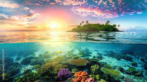 An underwater scene showing a vibrant coral reef with a distant tropical island visible in the background