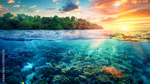 A tropical coral reef is visible underwater with the sun setting in the background