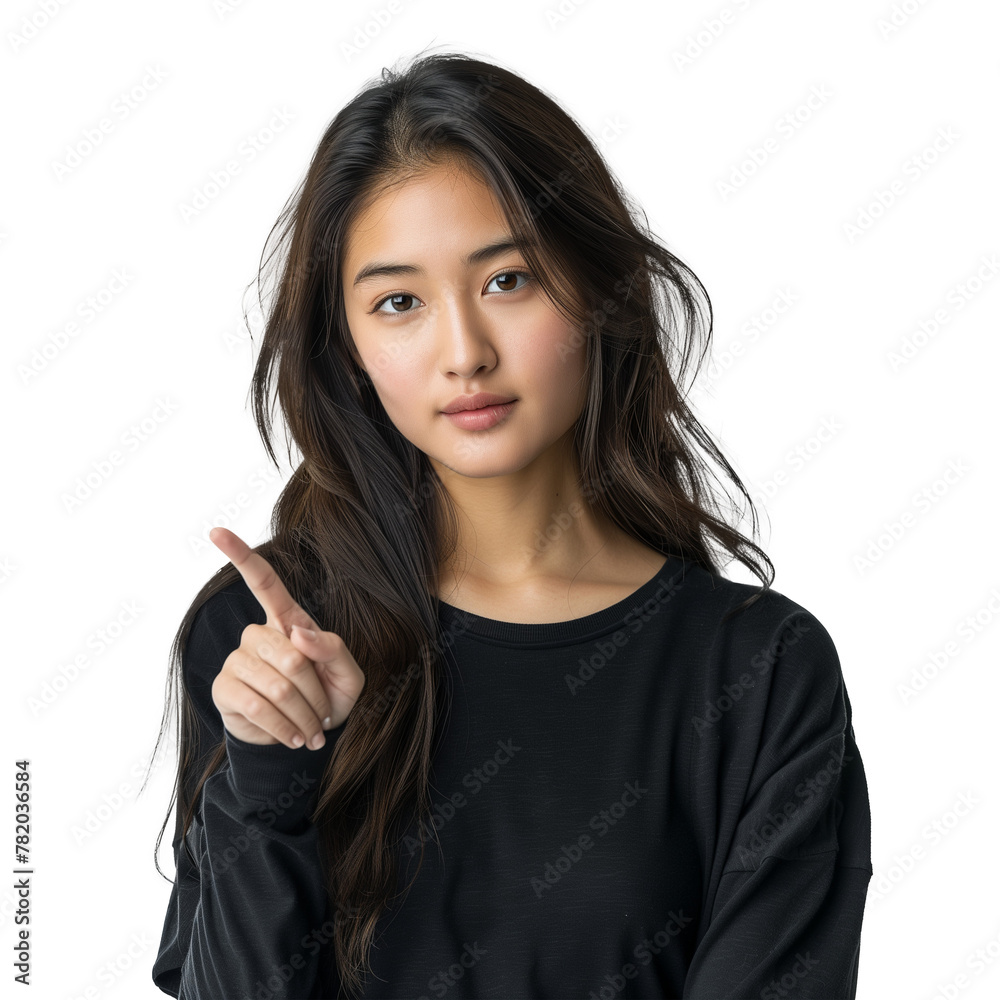 Young Woman Gesturing With Finger on Transparent Background Young Woman Gesturing With Finger on Transparent Background