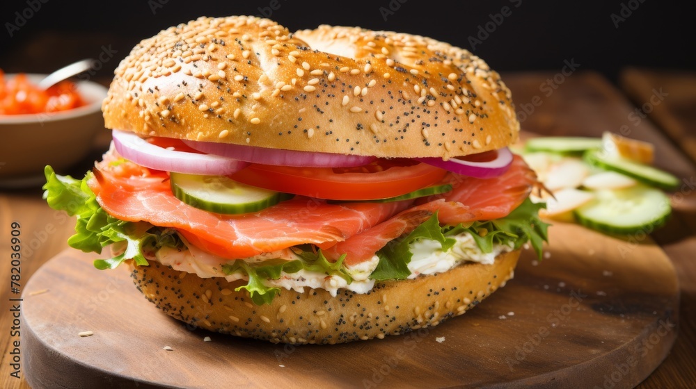 Bagel layered with smoked salmon and cream cheese Bagel layered with smoked salmon and cream cheese