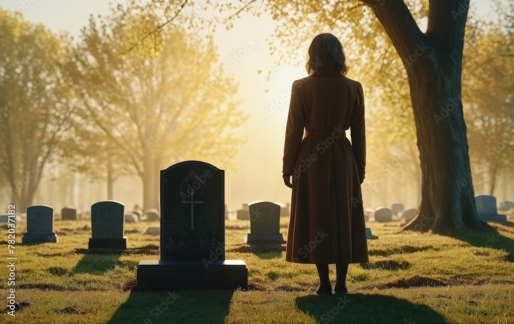 A female stands in a graveyard