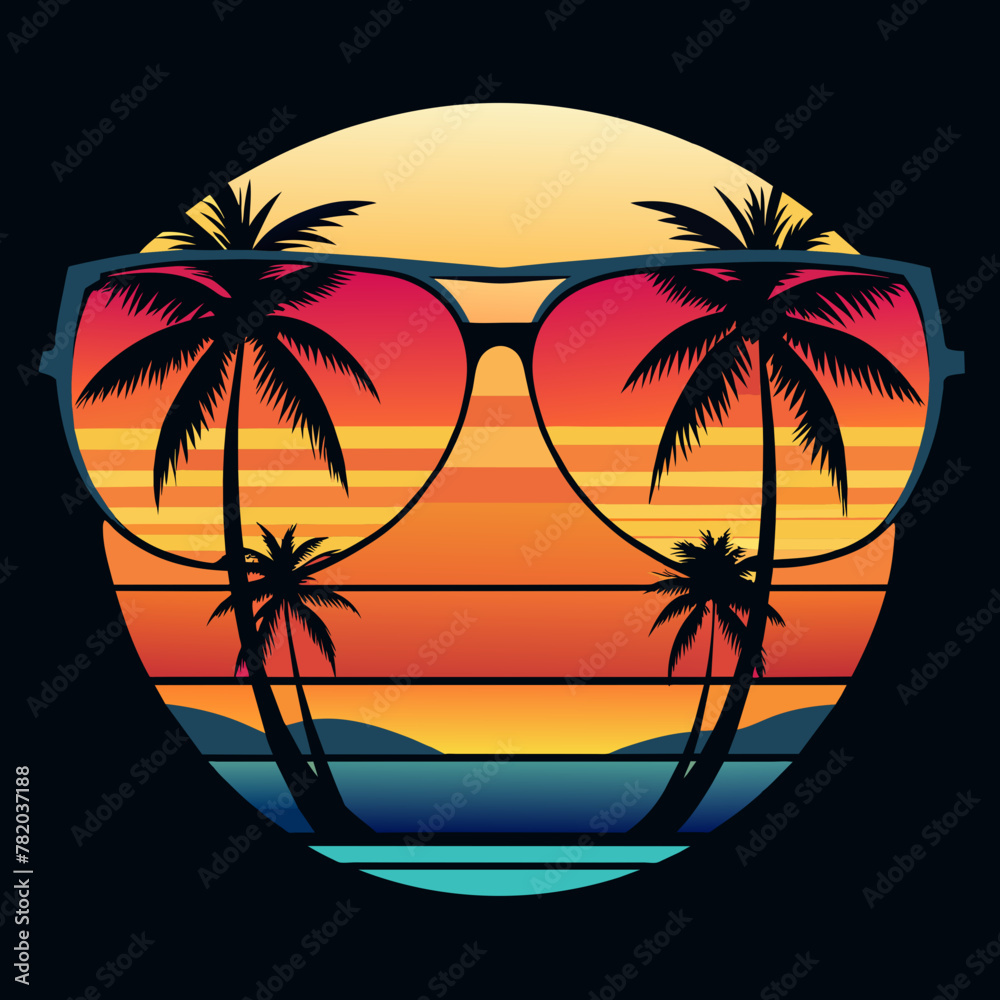 sunset on the beach retro background , Vintage style  t shirt graphics