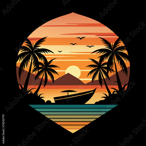sunset on the beach retro background   Vintage style  t shirt graphics