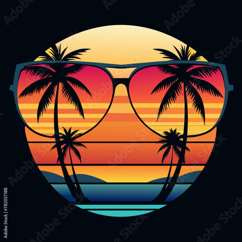 Fototapeta Naklejka Na Ścianę i Meble -  sunset on the beach retro background , Vintage style  t shirt graphics