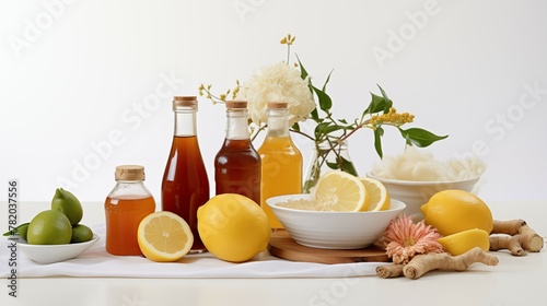 Photograph of kombucha ingredients. front view, white seamless background