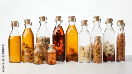 Photograph of kombucha ingredients. front view, white seamless background