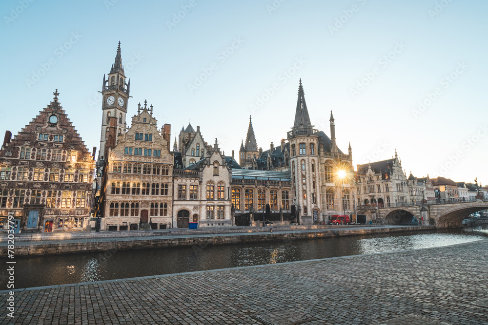 Ghent promenade called the Graslei and the charming historic houses at sunrise. The centre of the Belgian city. Flanders